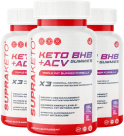 Three bottles of Supra Keto supplement with Keto BHB + ACV labeling